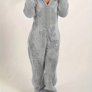 TEMU Fuzzy Hooded Pajama Jumpsuit For Music Festival, Comfy & Cute Long Sleeve Zipper Pajamas, Women's Lingerie & Sleepwear