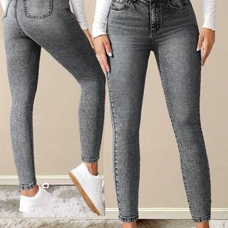 TEMU Elegant High-waist Skinny Jeans, 70% 27.6% Polyester 2.4% Spandex, Solid Color High Stretch Denim, Long Length With Button Detail