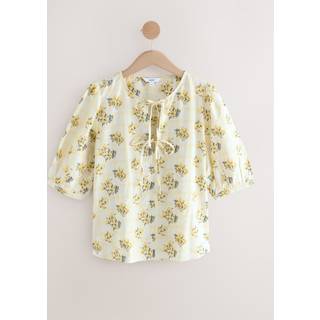 Next Yellow/White Check Floral Print Tie Front 3/4 Sleeve Blouse