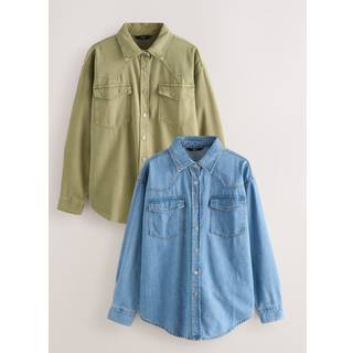 Next Mid Blue and Khaki Green Oversized Denim Shirts 2 Pack - xlarge