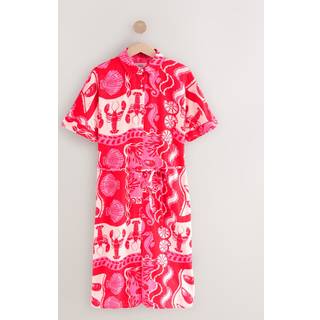 Next Pink Shell Print Short Sleeve Tie Waist Midi Dress with Linen - medium