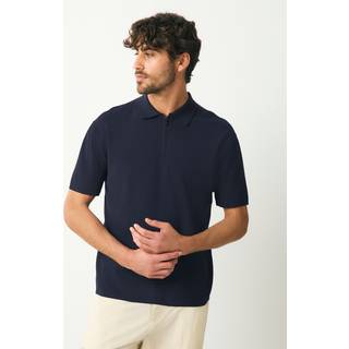 Next Navy Blue Quarter Zip Relaxed Fit Premium Mid Weight Short Sleeve Knit Polo Shirt - xlarge