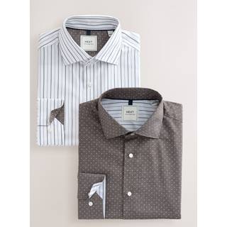 Next White Stripe/Charcoal Print Slim Fit Single Cuff Easy Care Smart Shirts 2 Pack