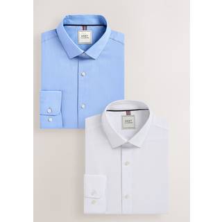 Next White/Blue Easy Care Textured Slim Fit Single Cuff Smart Shirts 2 Pack - EU 38 Regular