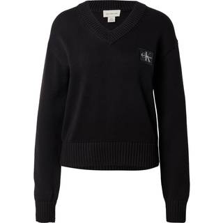 Cotton Knit V-Neck Badge Jumper - Black - S