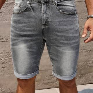 TEMU Men's Stretch Denim Shorts - Casual Mid-thigh Length With Pockets, Washed Grey, Fit For Casual Attire, Streetwear Essentials | Classic | Solid Color Apparel, Jean Shorts