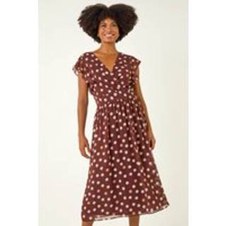 Roman Roman Brown Spot Print V-Neck Frill Midi Dress - 42