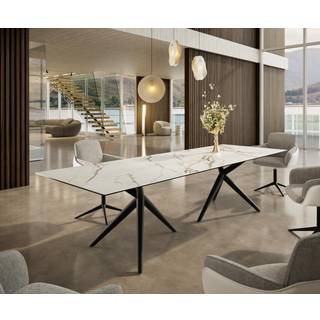 Esstisch Edge 300x100 Keramik Calacatta Luxe Weiß-Gold-Grau Estelar rund Metall Schwarz