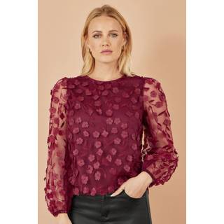 Yumi Yumi Red Sheer Sleeve Appliqué Flower Top