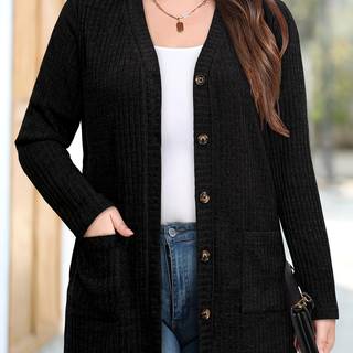 TEMU Women's Elegant Black Cardigan With Golden Buttons & Side Pockets - Medium Washable Fall Winter Sweater For Casual Or Formal Outfits, Casual Winter Wear, Classic Knitwear, Textured Fabric
