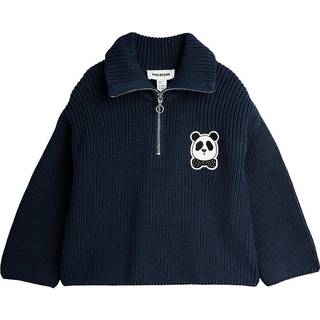 Mini Rodini GOTS Panda Chunky Strik-sweater Med Halv Lynlås  Blue 128/134 cm  Blå  128/134 cm  mand