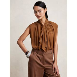 Reiss Reiss Tan Brown Lucy Crepe-Chiffon Ruffle Sleeveless Top