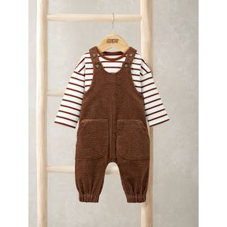 Mamas & Papas Mamas & Papas Brown Cord Dungarees & Stripe T-Shirt Set