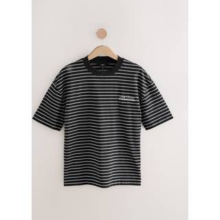 Next Black Graphic Print Relaxed Fit Stripe Heavyweight 100% Cotton T-Shirt