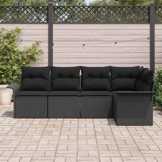 Havesofa Sæt med pude 5 pcs Sort polyrattan