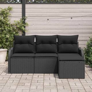 Havesofa Sæt med pude med opbevaring 4 pcs Sort polyrattan