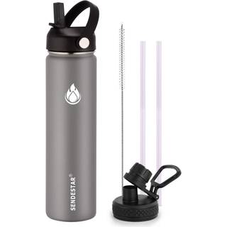 SENDESTAR Vandflaske i rustfrit stl med bred mund vandflaske 24 oz med halmg Udlbslg Dobbeltvgget Vakuumisoleret lkagesikker holder vsker