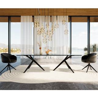Esstisch Edge 300x100 Reliefglas Rauchschwarz 3D-Design Estelar rund Metall Schwarz - Laminam® Sabbia Eichefarbig