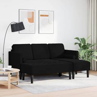 Sofa med Bænk og Puder L-formet Sort Velour, 3-personers Sofa med Chaise L-formet Sort 160 cm Velour, vidaXL Bænk Sort 113x57x39 cm Velour