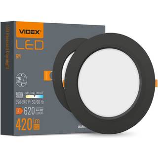 Led indbygningsspot 6W - Rund, sort, neutral hvid, 230V, 620lm, forbrug 6W - Kulør : Neutral