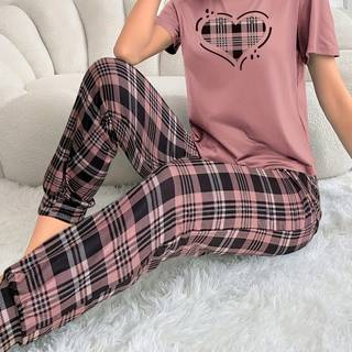 TEMU Women's Cute Heart Pajama Set - Pink Short Sleeve Top & Cozy Long Pants, Polyester Blend Sleepwear And Loungewear, Sleepwear Set| |stretchy Fabric