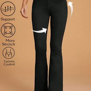 TEMU Women's High-stretch Flare Jeans - Bell Bottoms With Button Closure, Fit & Stylish Design, Casual Denim Wear|sleek Bellbottoms|smooth Texture Denim