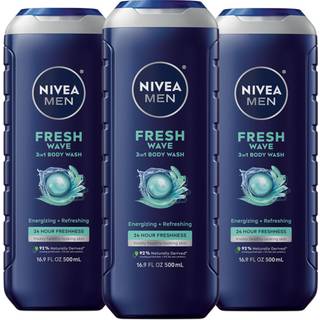 NIVEA MEN Fresh Wave Body Wash med Forfriskende Menthol Duft 3-i-1 Herre Body Wash Ansigt og hr Parabenfri Vegan Formula 16,9 Fl Oz flaskepakke