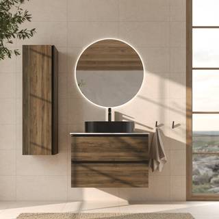 Badrumspaket Walnut Luna Trä 80 cm med Cosentino Ljusbeige Bänkskiva, Högskåp, Spegel, Handfat, Tvättställsblandare & Bottenventil