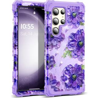 SleekCover til Galaxy A14 5G Case 3 i 1 Oliemaleri Blomstermnster Heavy Duty stdsikker beskyttelse Silikonegummi Bumper+Hrd plast Hybrid besky