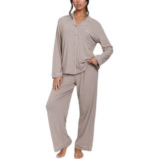 Loungeable Loungeable Oatmeal/White Trim Soft Rib Long Button Through Pyjamas