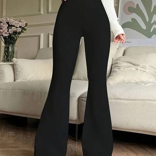 TEMU Women's High-waisted Flared Pants - Solid Color High Elasticity Trousers, & Machine Washable, Versatile Casual & Formal Wear For Office, , Social Gatherings, Ladies Pants