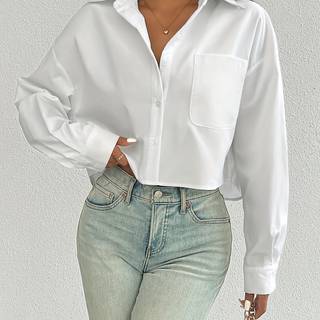 TEMU Women's Casual Solid Color Long Sleeve Shirt, Polyester 100%, Lapel Collar, Woven Fabric, 110g/m², Spring/fall Season, Button Front Design, Oversized Fit