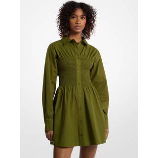 MK Stretch Cotton Poplin Smocked Shirtdress - Green - Michael Kors - L