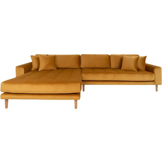 Lido Lounge Sofa - Lounge Sofa, Venstrevendt I Sennepsgul Velour Med Fire Puder Og Natur Træben, Hn1004