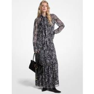 MK Metallic Paisley Print Georgette Tie-Neck Dress - Grey - Michael Kors - S