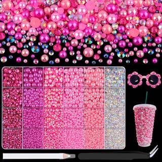 9000 stk Flatback perler og rhinestones til at lave Hot Pink Lys Pink Blandet strrelse 3-8 mm harpiks rhinestones og halve perler til blndende