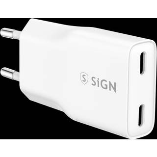 SiGN GaN Ultra Slim Hurtigoplader 2x USB-C, PD & QC3.0, 3A, 20W – Hvid