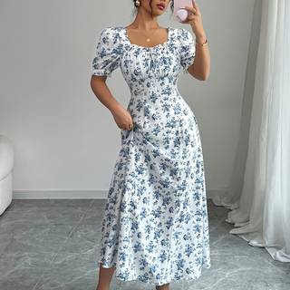 TEMU Women's Elegant Floral Print Mini Dress With Ruffles And Puff Sleeves - Square Neck, Spring/summer/fall, Casual Attire|floral Print Dress|square Neckline