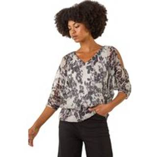 Roman Roman Grey Metallic Plisse Banded Hem Blouse