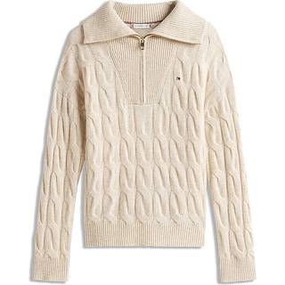 Soft Wool Cable Zip Striktrøje, Heather Oatmilk, XL