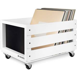 Navaris Wood Record Crate med hjul - Vinylalbum Opbevaringsholder Box Wooden Case With Chalkboard Sign Board - Holder op til 80 LP Records - Whit