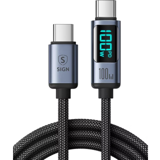 SigN USB-C til USB-C-kabel 100W med skærm, 1,2m - Sort
