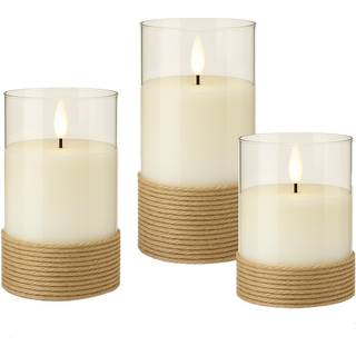 LED Vokslys i glas m/ bevægelig flamme & timer, 3 stk.
