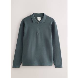 Next Sage Green Zip Neck Regular Fit Premium Long Sleeve Knit Polo Shirt - medium
