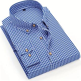 TEMU Men's Stylish Gingham Check Shirt - Casual Long Sleeve, Breathable Button-up With Golden Buttons, Spring/fall, Casual Attire, Casual Attire Shirt | Gingham Check Pattern | Nonstretch Fabric