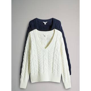 The Set The Set Navy Blue/Cream 2 Pack Cable Knitted V-Neck Jumpers
