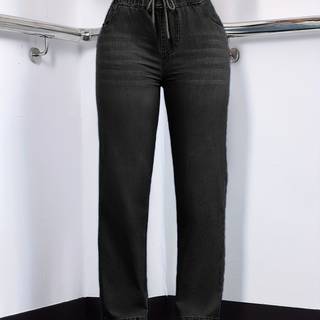 TEMU Women' Wash Straight-leg Denim Jeans With Adjustable Drawstring Waist - Casual Stretch Denim Pants, Fit, White Sneakers Included, Jeans | Straightleg Jeans |