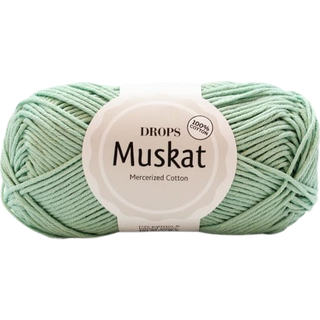 DROPS Muskat 20 Lys mintgrøn Indhold: 100% bomuld Garngruppe: B (20 - 22 masker) / 8 ply / DK / worsted Vægt/længde: 50 g = ca. 100 meter Anbefalede pinde: 4 mm Strikkefasthed: 10 x 10 cm = 21 m x 28 p Vask: Finvask 40º / Tørres fladt.