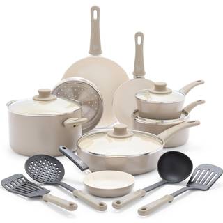 Greenlife Soft Grip Sunde keramiske nonstick 16-stykke k?kkenkogegryder og stegesauce Saute Pander s?t PFAS-fri med k?kkenredskaber og l?g opvask