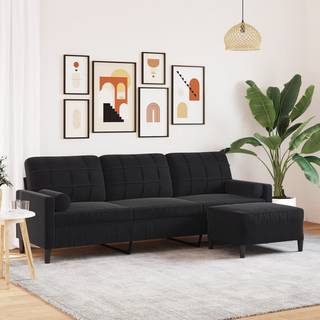 3-Personers Sofa Med Fodskammel Velour - 210 cm / Sort